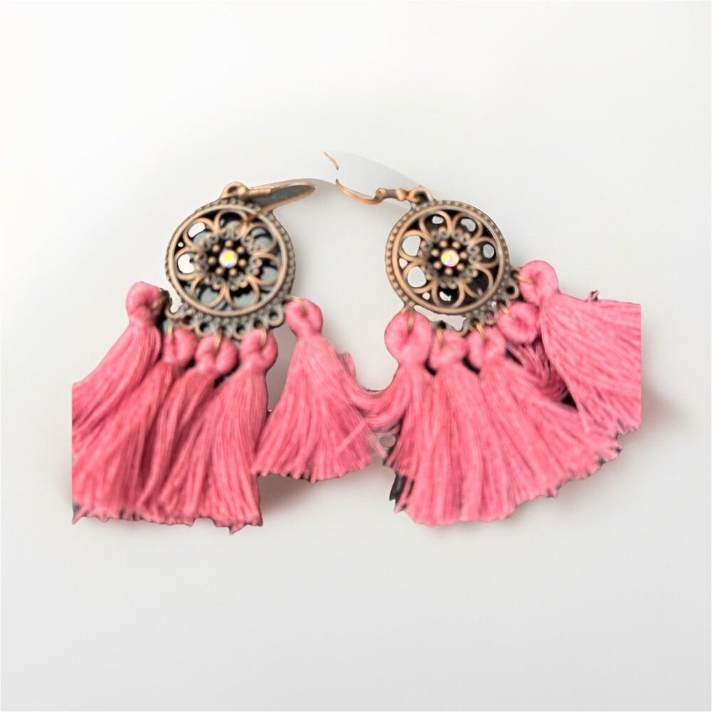 Pink Tassel Bohemian Dangle Earrings Fabric & Metal French Wire for‎ Women